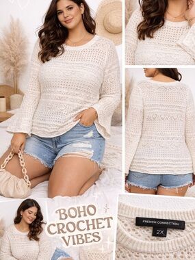 French Connection Cream Crochet Boho Sweater